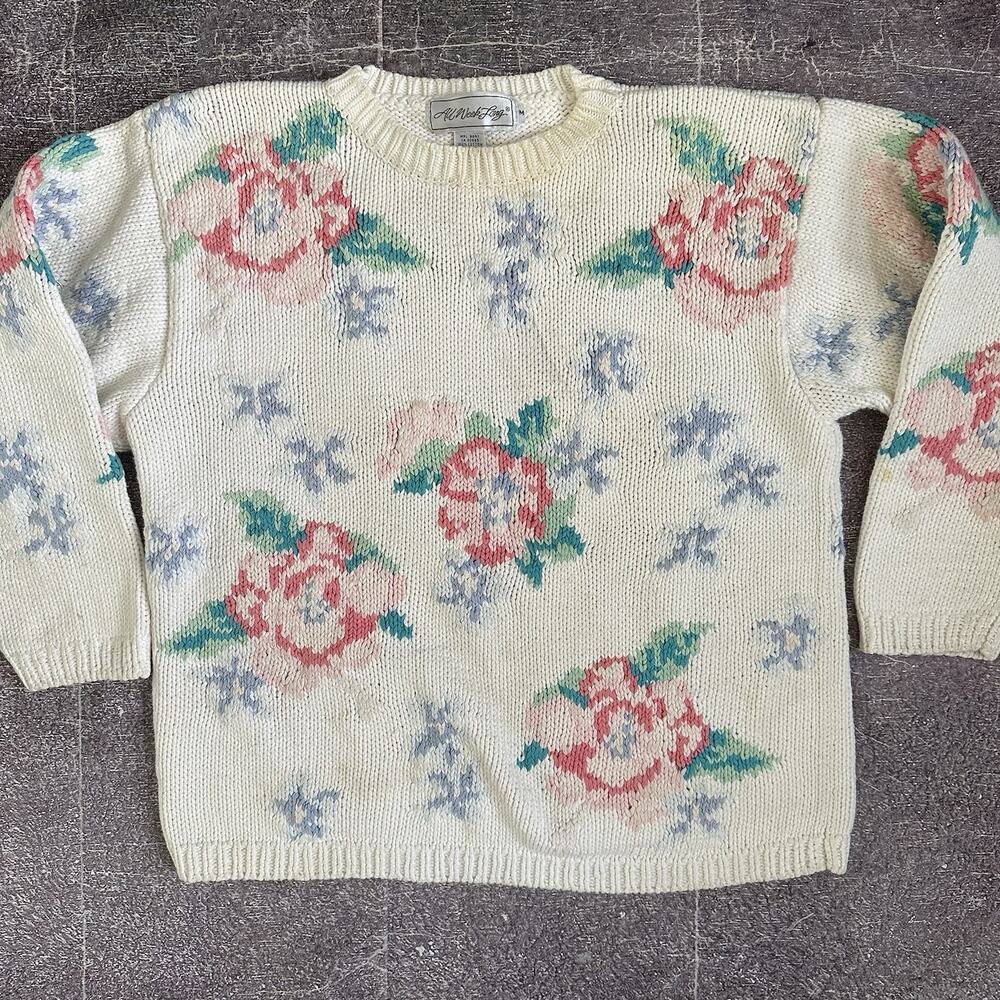 Women's Vintage 90's All Week Long White Floral Rose Print Knit Sweater Sz M VTG